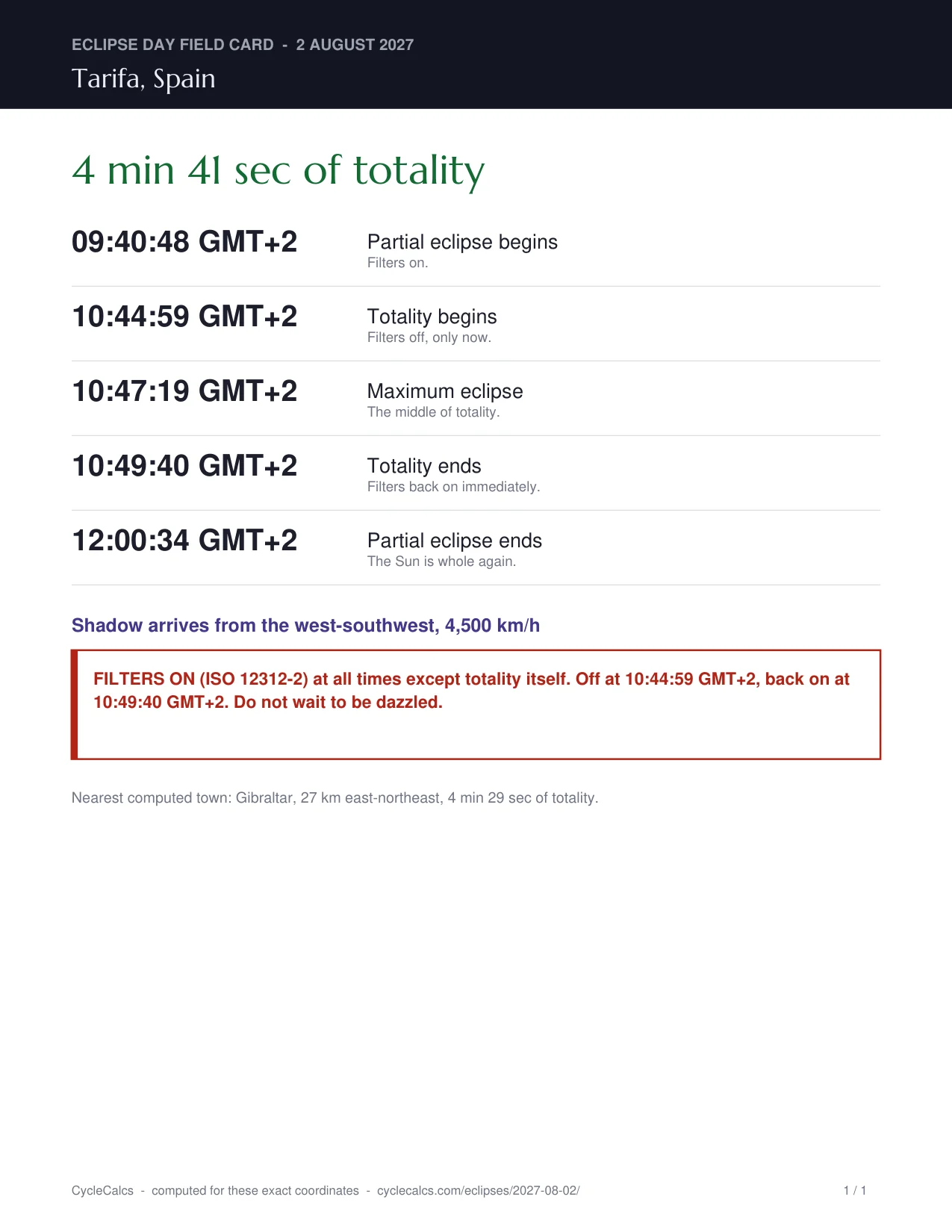 The one-page field card: contact times in large type, the shadow arrival line, and the boxed filters rule with the exact off and on instants