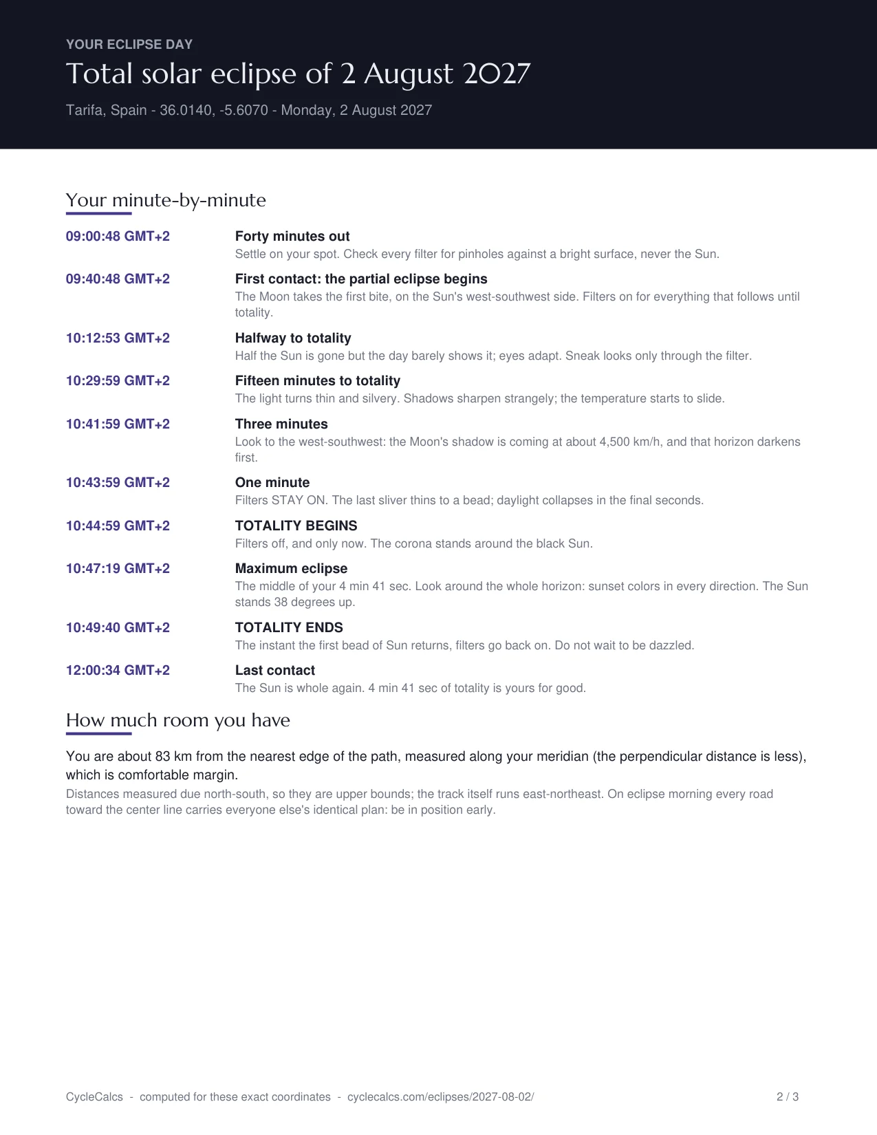 Page two of the plan: the minute-by-minute timeline from forty minutes out through totality to last contact, and the margin section stating the distance to the edge of the path