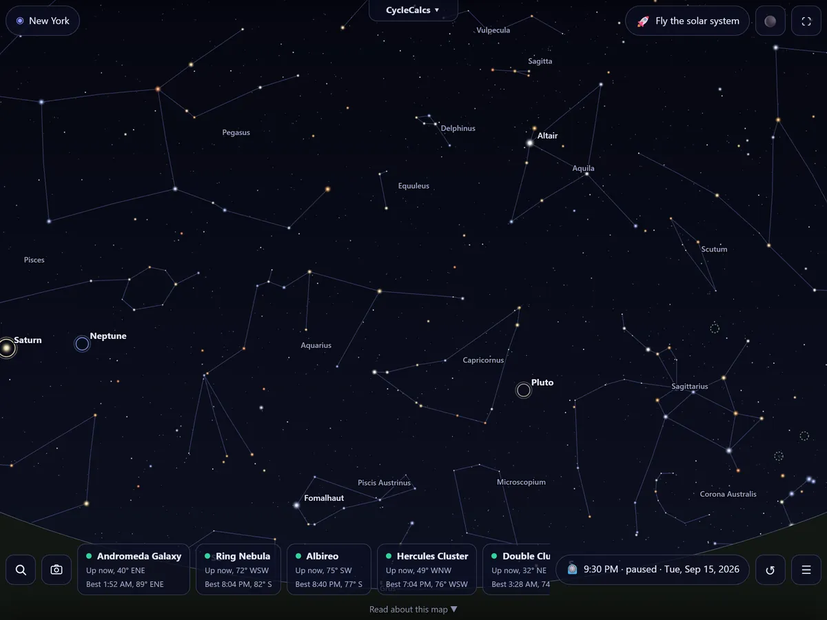 The Live Sky Map over New York, looking south-southeast: constellation figures from Pegasus and Aquila down to Capricornus and Sagittarius, Altair named, Saturn and Neptune at the eastern edge, and the row of what is up now along the bottom.